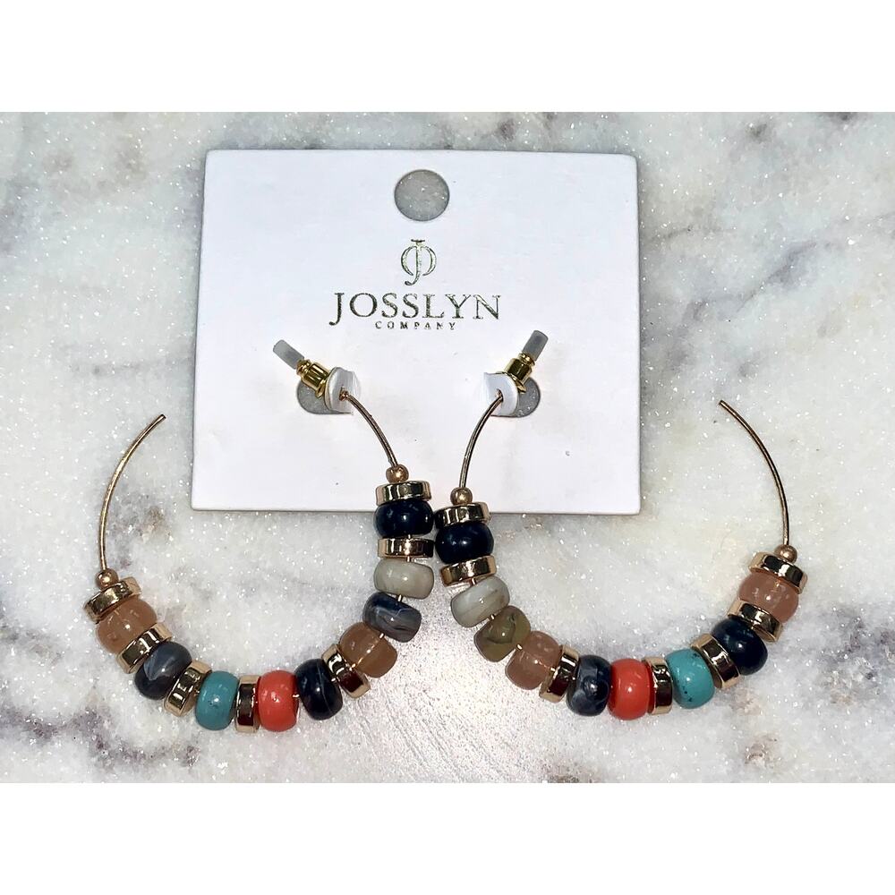 Gold Tone Boho Multicolor Beaded Hoop Earrings by Josslyn NWT
